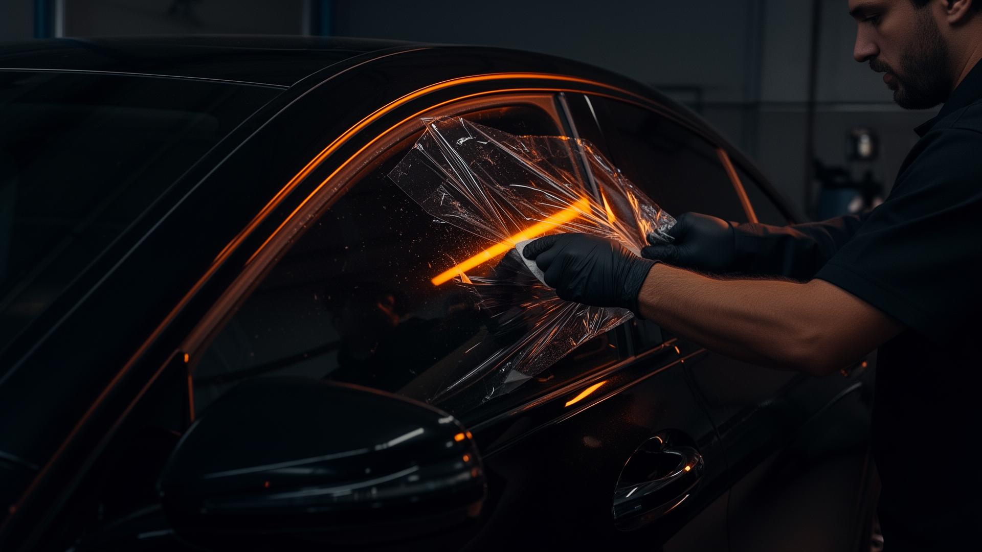 Instalação profissional de película antivandalismo em vidro automotivo